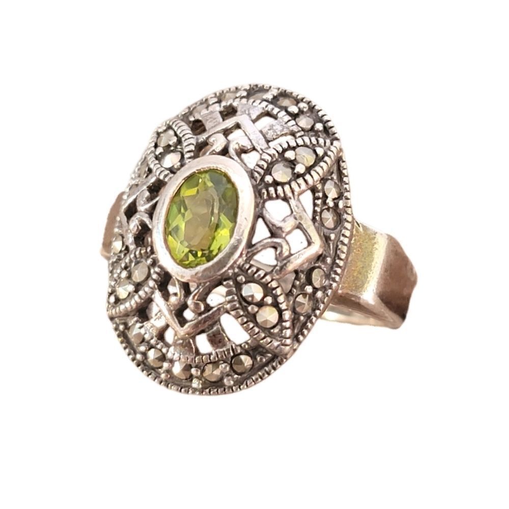 Vintage Sterling Peridot Marcasite Oval Openwork Ring